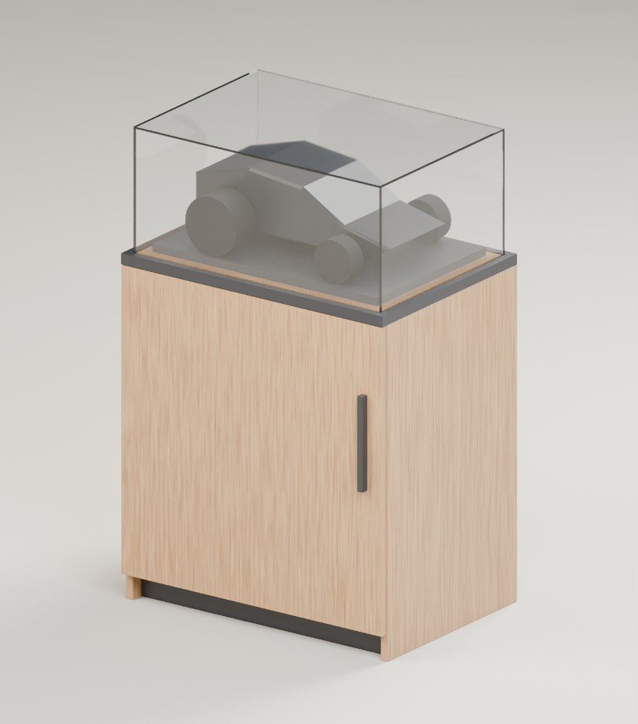 Render del Mueble Omar en roble con detalles negros y vitrina de acrílico